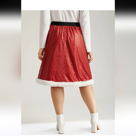 BloomChic Christmas Sequin Patchwork Fuzzy Trim Skirt - Picture 2 of 10